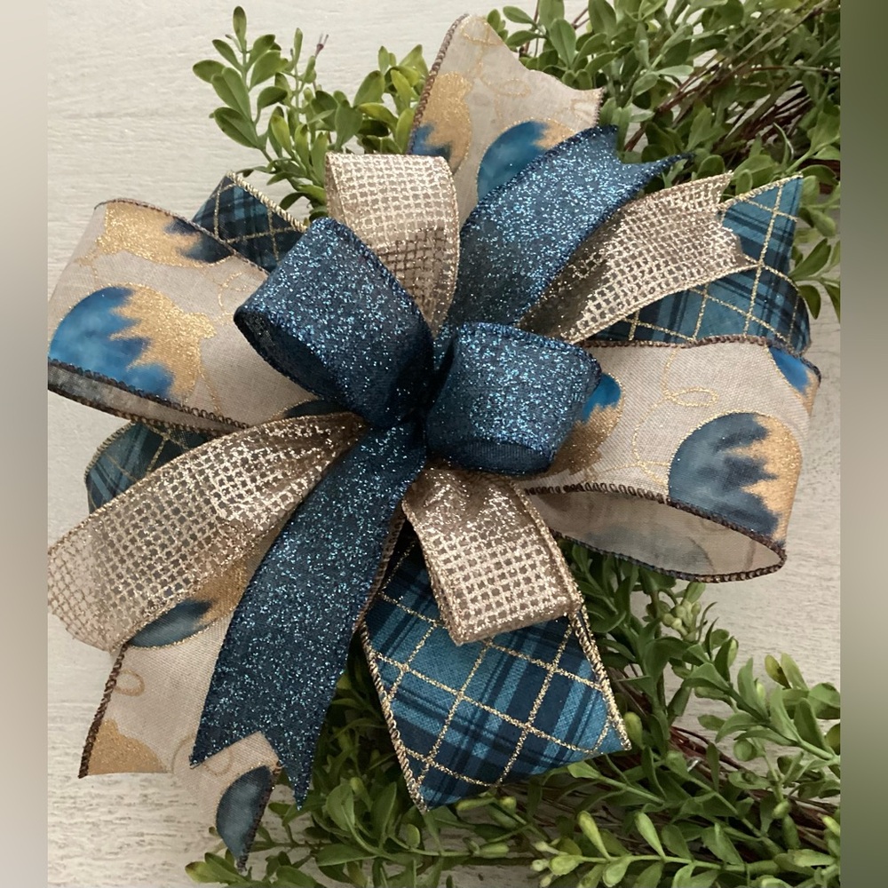 Blue & Gold Christmas Ornament Bow, Wreath Bow, Wreath Accent, Lantern Bow